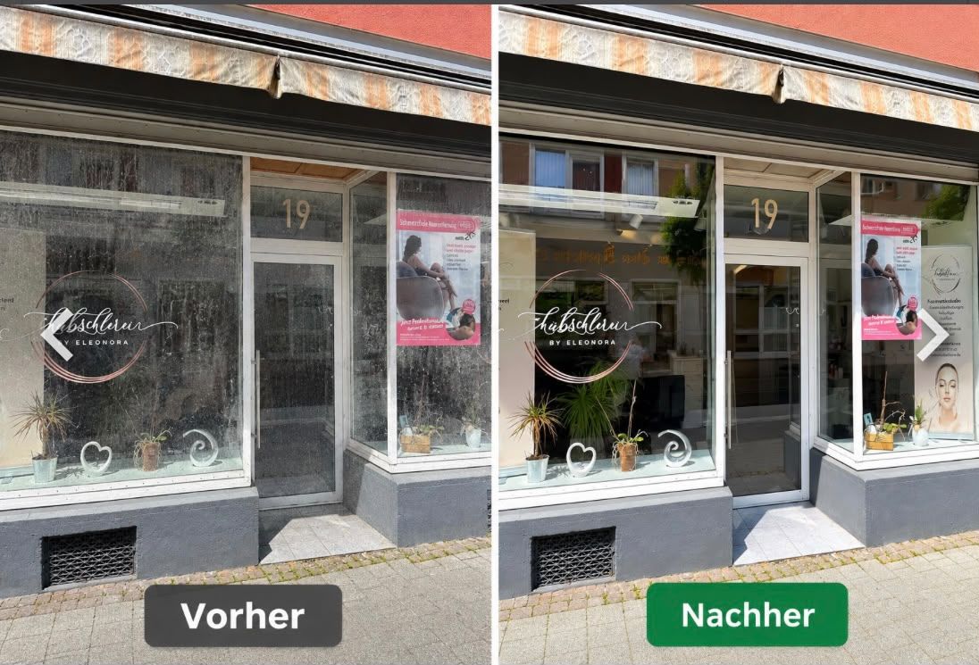 Vorher-Nachher-Projektfoto der Schaufensterreinigung eines Kosmetikstudios