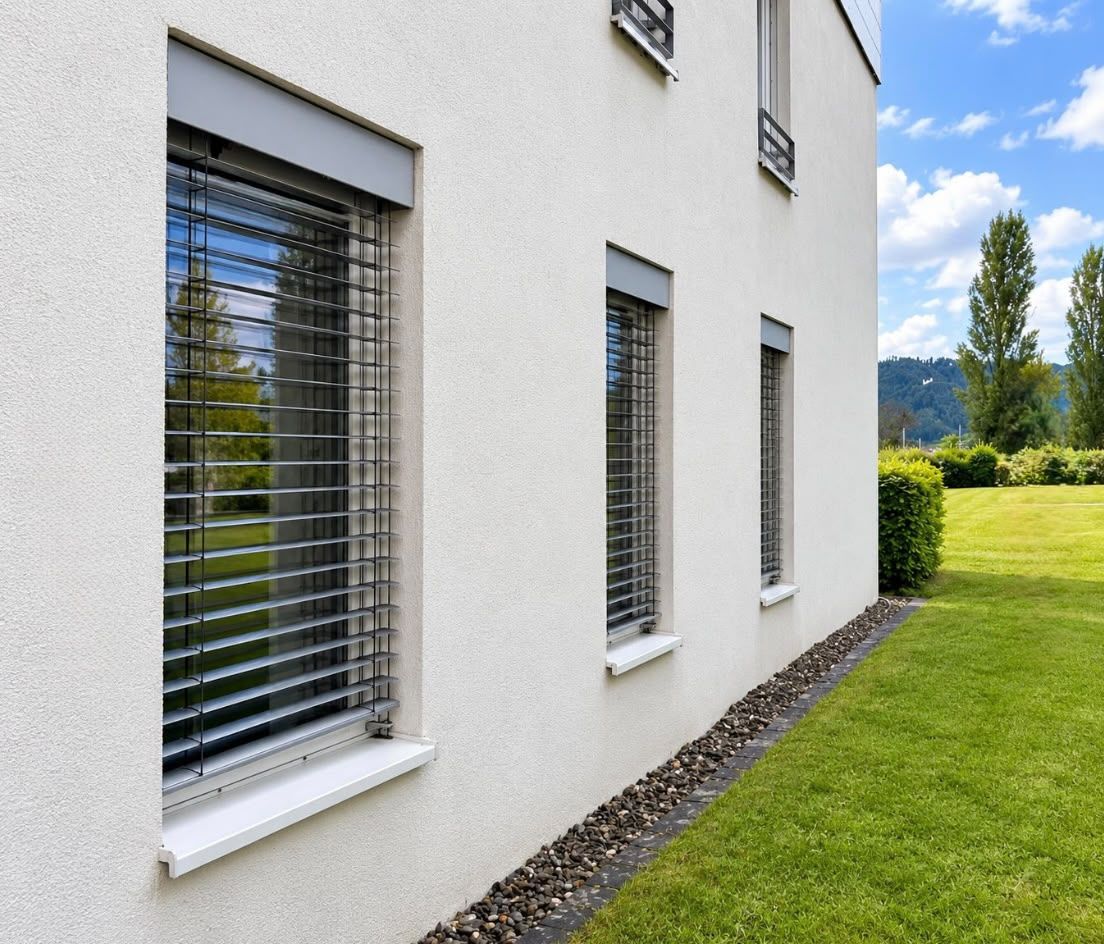 Große Fensterflächen an einem Gebäude mit außenliegenden Raffstoren